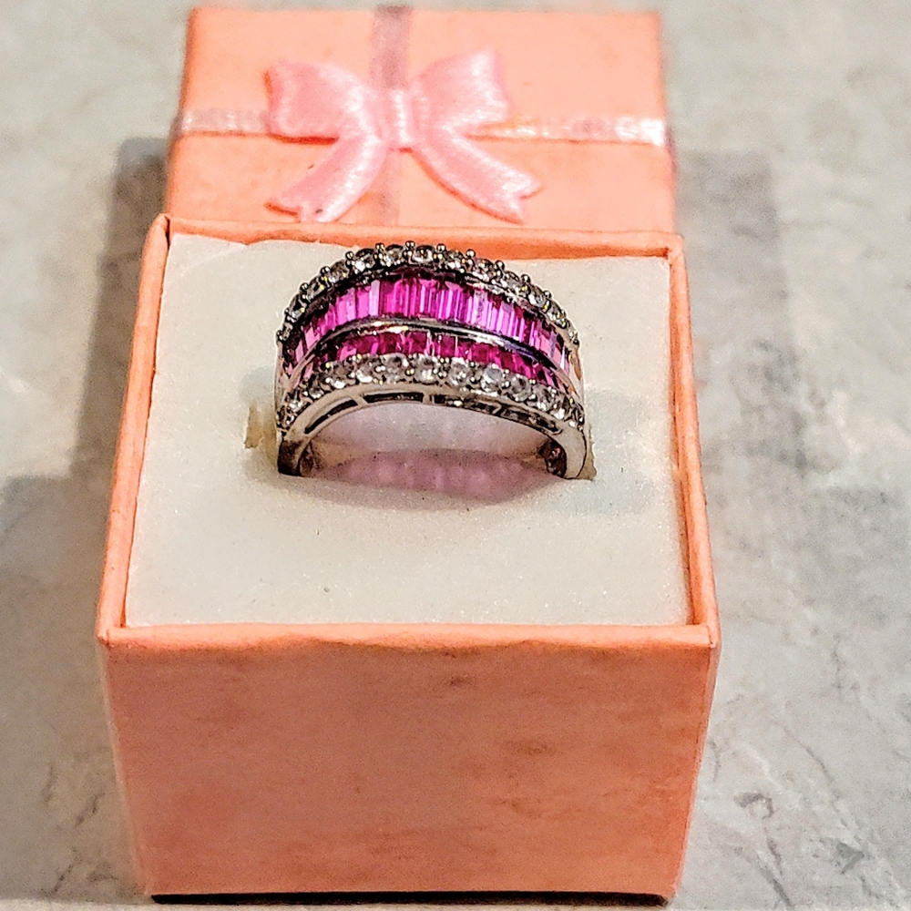 STERLING SILVER RUBY & DIAMOND RING BAGUETTE CUT RUBY & ROUND CUT DIAMONDS 8½ - Picture 7 of 16